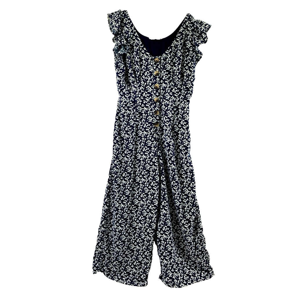 Blu Pepper Jumpsuit Womens Large Navy Blue Floral Ruffle Wide Leg Cottage Summer